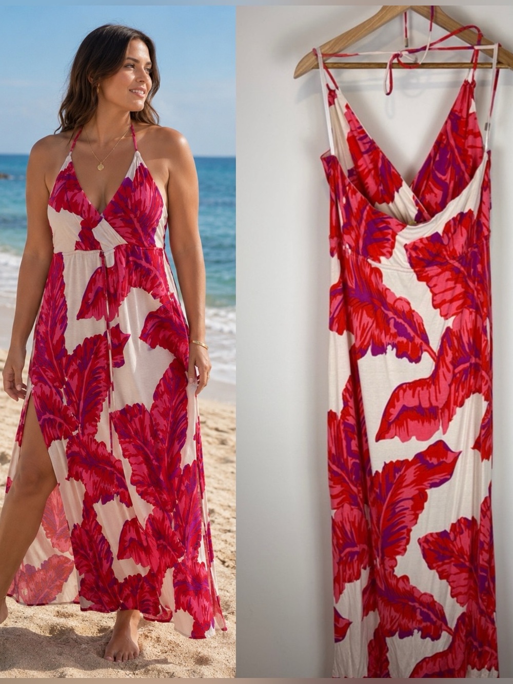 Banana Republic Mille Collection Halter Maxi Dress Sz L Pink Red Tropical Print